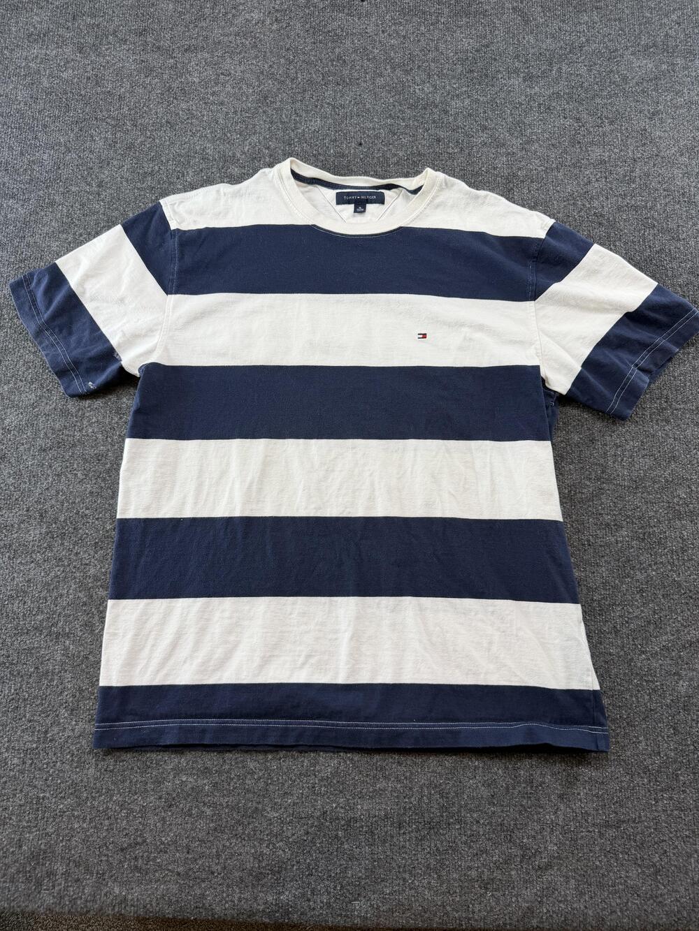 Tommy Hilfiger Shirt Mens XL Blue White Striped Logo Tee Nautical Crewneck